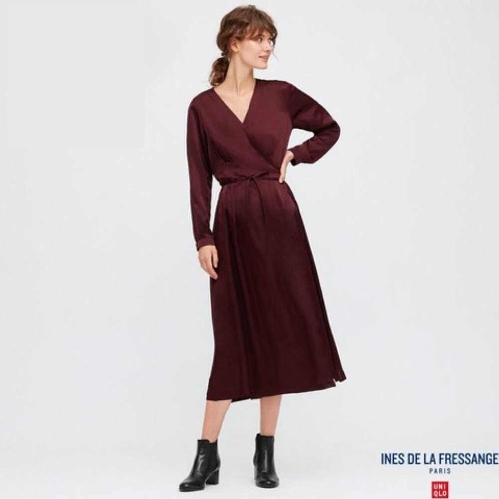 Uniqlo Ines De La Fressange 100% silk wrap dress merlot wine with pockets